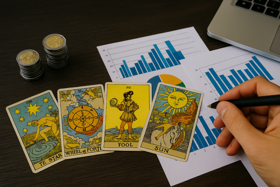 Tarot finance tirage 4 cartes Rider Waite avec piles de pièces en euros et graphiques financiers